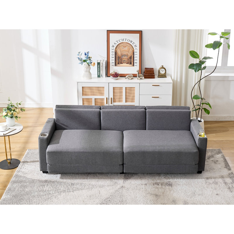 89" Folding 3-Seater Sofa Bed With Cup Holders & Side Pockets, Gray