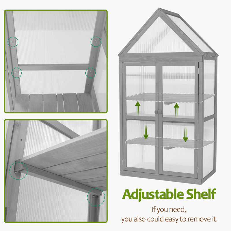 Gray Fir Wood Garden Greenhouse with Adjustable Shelf