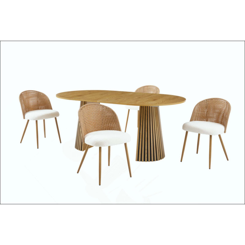Table de salle à manger extensible en bois massif + chaises de salle à manger en osier 2 pièces de style médiéval bohémien avec coussins en éponge blanc doux