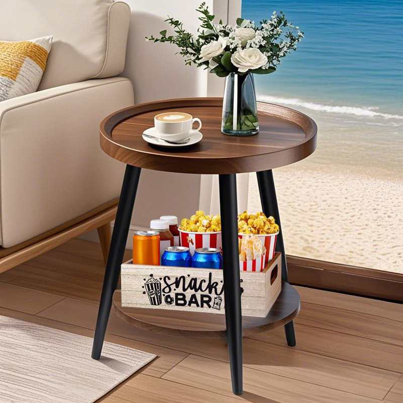 Round Side Table With 2-Tier Storage, Wooden End Table For Living Room With Metal Frame, Compact And Stylish Design