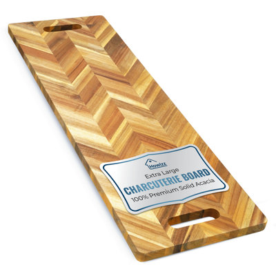 Très grand plateau de service à charcuterie à chevrons avec poignées, planche à découper en bois d'acacia massif à chevrons de 36 po x 12 po x 1 po, plateau de coupe et de service rustique non toxique pour la cuisine