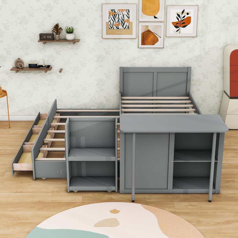 Lit plateforme simple en bois avec lit gigogne et bureau, Gris