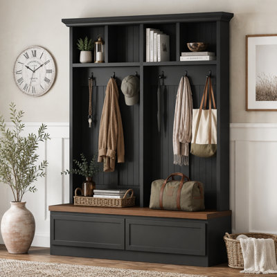 Arbre d'entrée 4 en 1 avec banc à grain de bois Farmhouse, portemanteau polyvalent Mudroom avec 2 grands tiroirs, organisateur d'entrée pour le couloir, le salon
