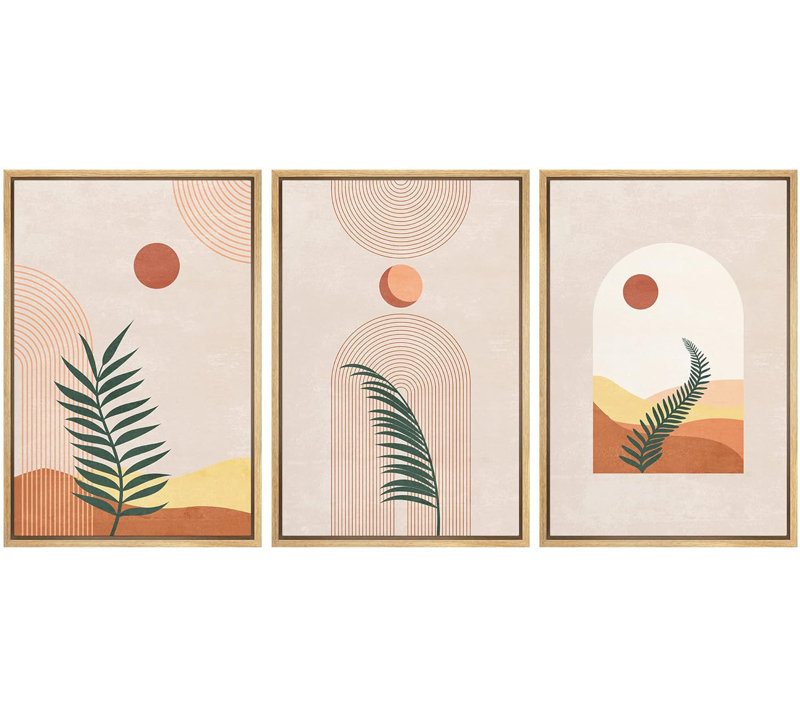 Bohemian-style Plants " Boho Mid-Century Geometric Jungle Palm Tree Desert Abstract Illustrations Modern Art Landscape " 3 - Pieces