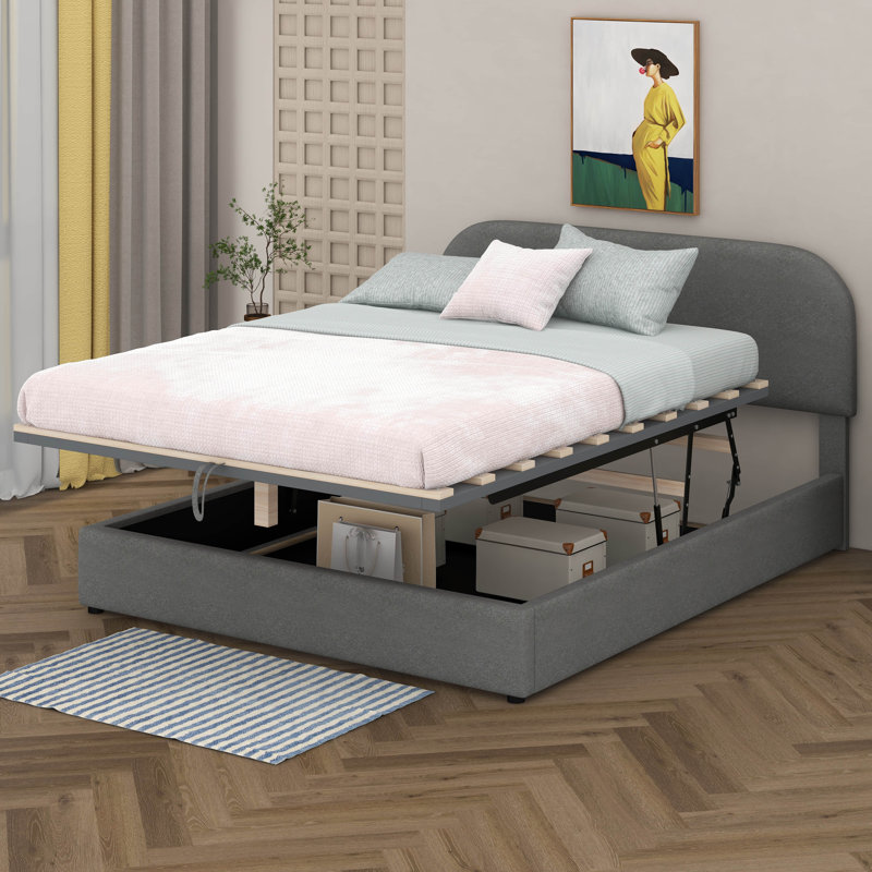 Teddy Fleece Upholstered Platform Bed with Hydraulic Storage System, Gray, Full
