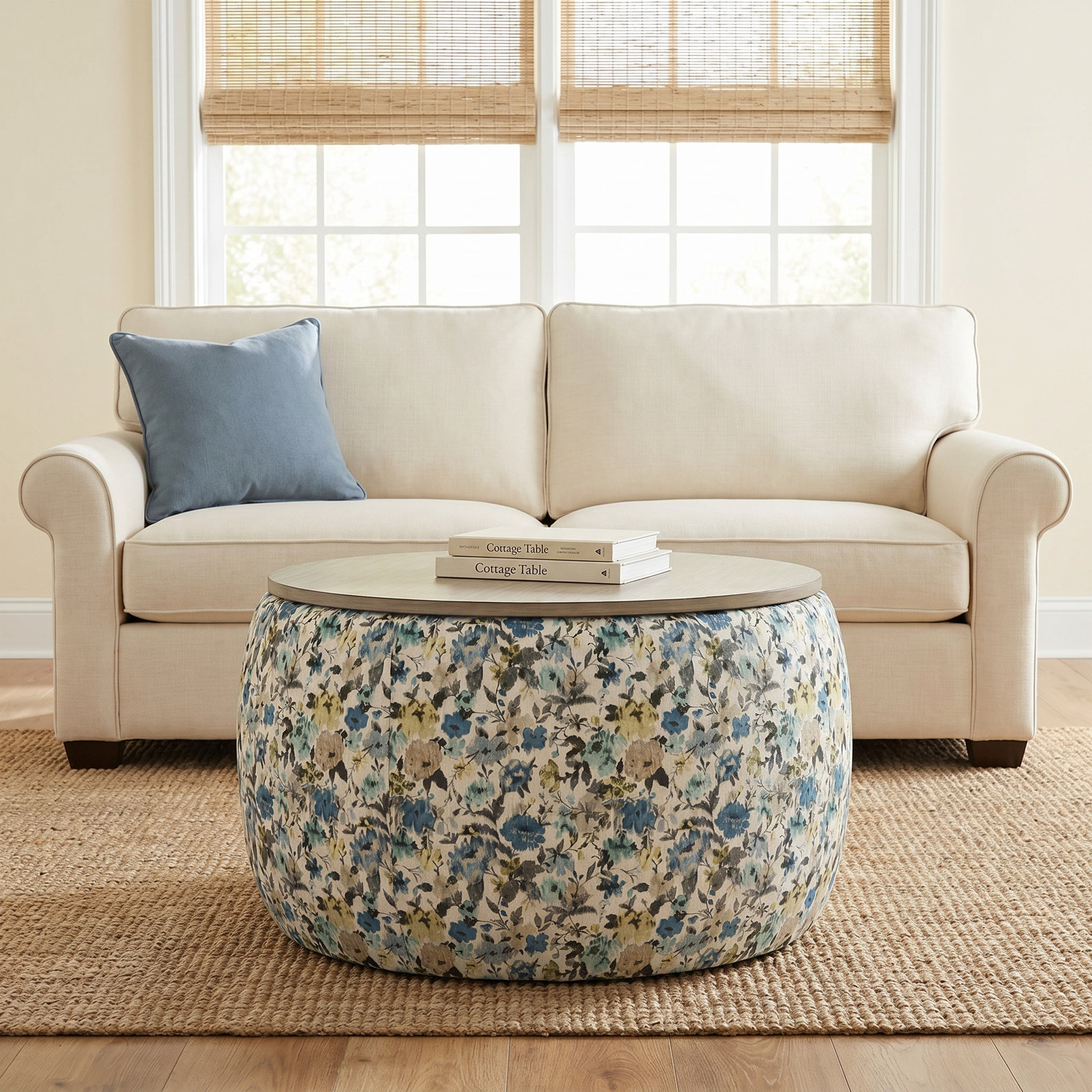 Icarus 34" Ottoman, Blue Meadow Polyester