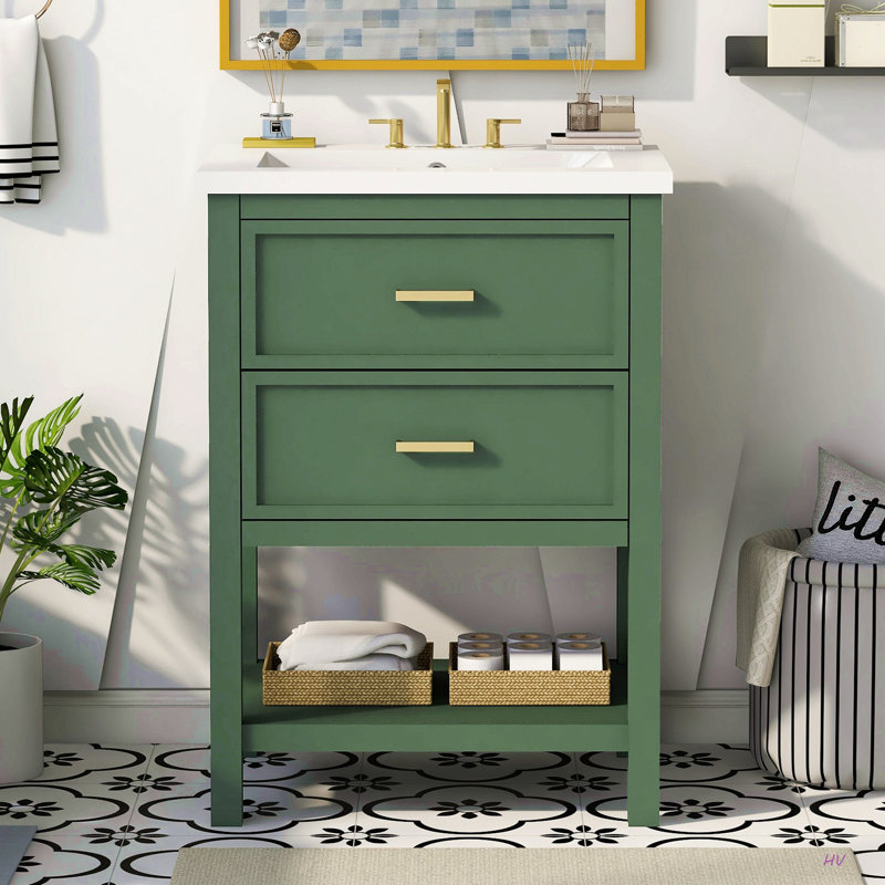 Meuble-lavabo 24 po avec lavabo supérieur, meuble-lavabo moderne avec 2 tiroirs et meuble-lavabo simple, Vert