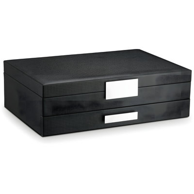 Luxury Valet Organizer - 12 Slot Jewelry Box With Carbon Fiber Design, Large Mirror & Metal Buckle For Watches, Sunglasses, Wallet - PU Leather Dresser Tray