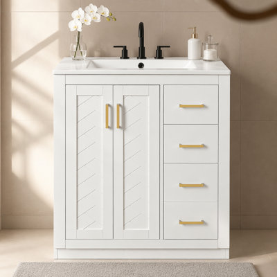 Ensemble de meuble-lavabo 30 po avec lavabo en céramique, armoire de rangement en bois massif, ensemble de meuble-lavabo autoportant avec 3 tiroirs et portes à fermeture douce