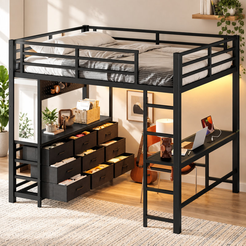 Lit mezzanine double avec bureau, tiroirs, lampe à DEL et port USB, couleur noire