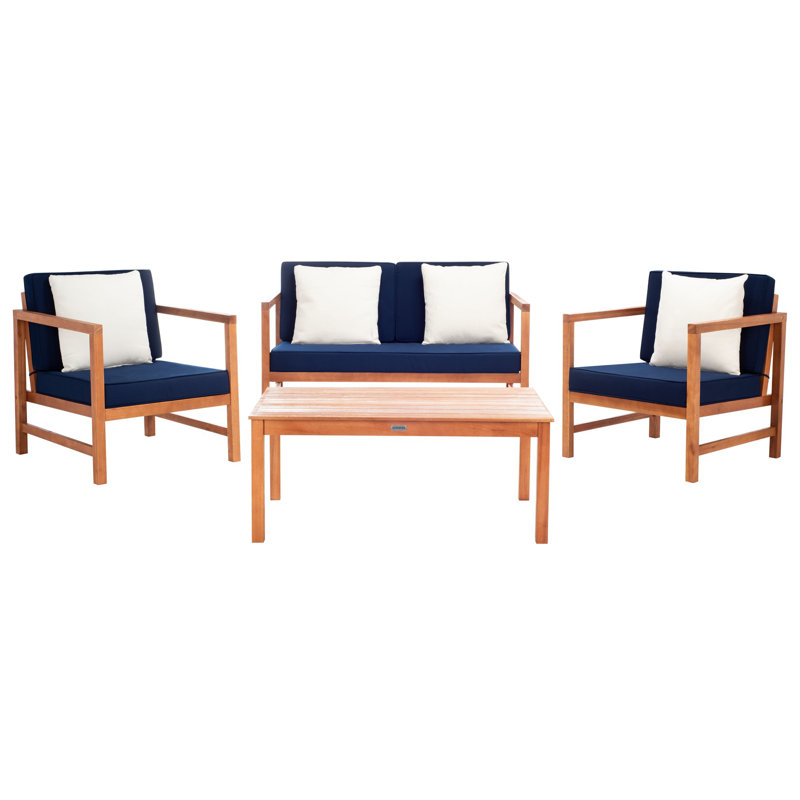 Ensemble de conversation pour 4 personnes Nidhi Eucalyptus, Structure naturelle / coussin bleu marine