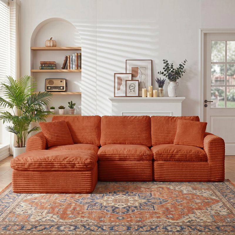 108" Cloud Couch for Living Room, 4 Piece L Shaped Modular Sectional Sofa with Plush Corduroy, Deep Seat, Compression Packaging, No Assembly Required