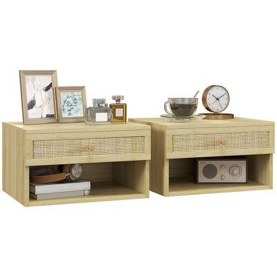 Ornulf Floating Bedside Tables Rattan Drawer Set of 2 Nature Wood Finish