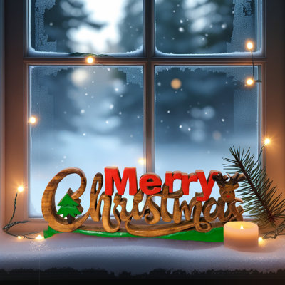 Handmade Wooden Sculpture of Merry Christmas with Fir Tree – Modern Table Christmas Decor & Gift