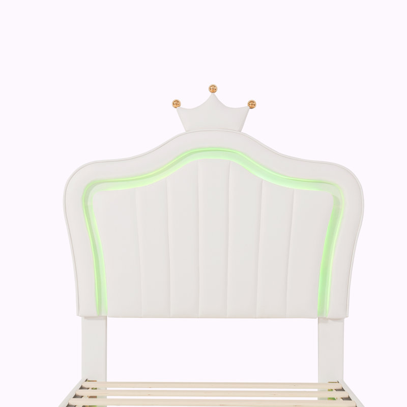 Lit princesse rembourré moderne Eleni avec tête de lit couronne et lumières DEL, Simple, Blanc