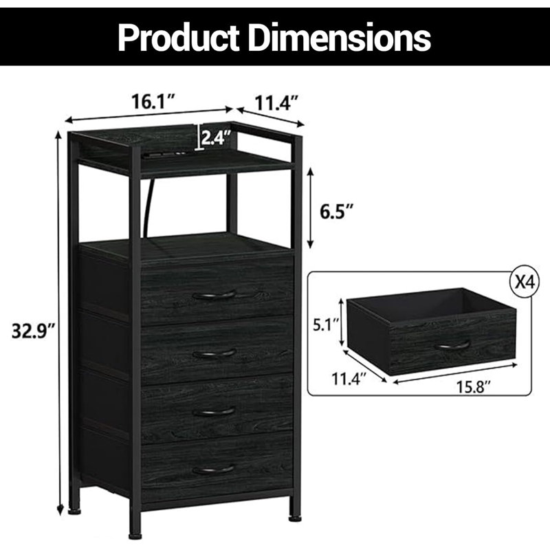 Modern Space-Saving Narrow Bedside Table with 4 Fabric Drawers & Open Shelf, Sturdy Steel Frame, Compact End Table for Bedroom, Living Room, Office, 41x29x83.5cm, Black