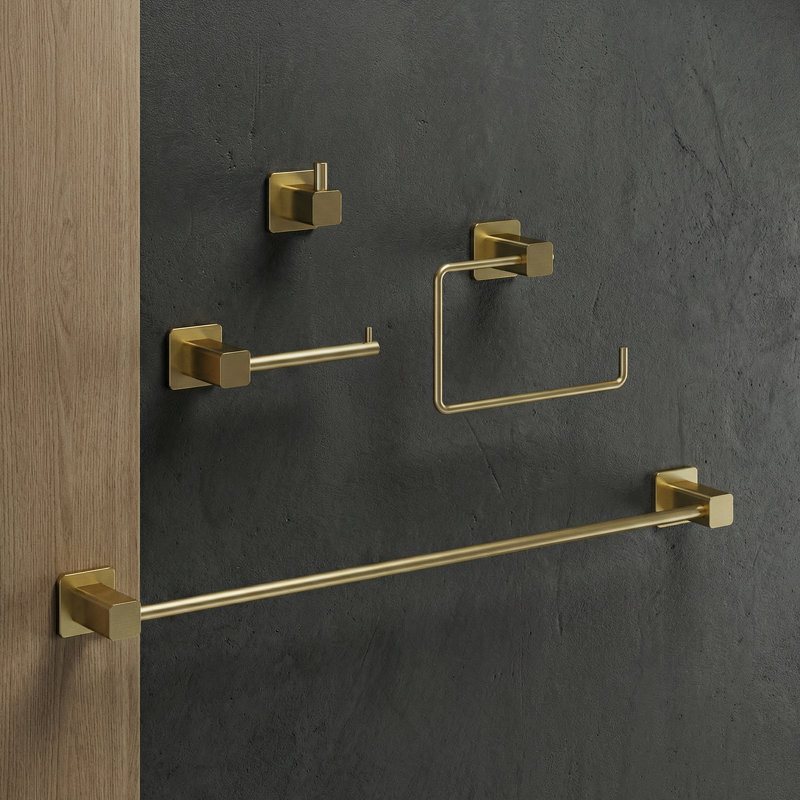 VIGO Meridian 4-Piece Matte Brushed Gold Bathroom Hardware Set with 24-in Towel Bar, Toilet Paper Holder, Hand Towel Holder and Hook