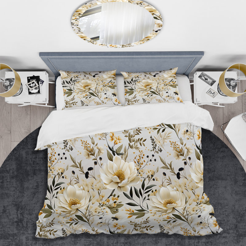 Minimalist Neutral White Botanics - Ensemble de housse de couette à motif floral