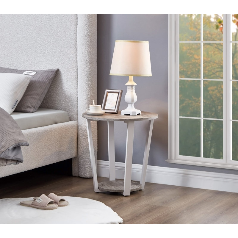 Elysian Contemporary Round End Table With Shelf, Gray Top/White Base