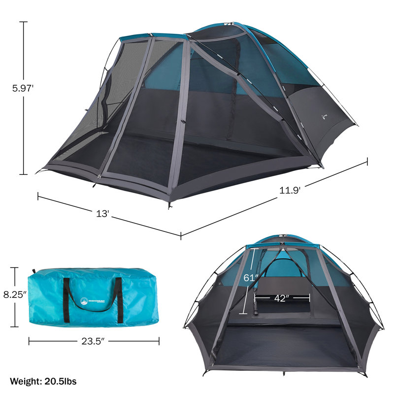 Tente de camping style chalet pour 6 personnes avec écran intégré et sac de transport Wakeman, Blue/Grey