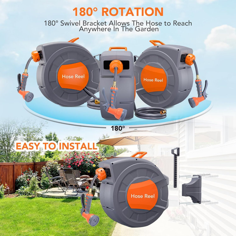 Garden Hose Reel, 1/2 In X 100 Ft Wall Mounted Retractable Water Hose Reel With 9 Function Sprayer Nozzle, Any Length Lock, 180° Swivel Bracket, Automatic Rewind And Slow Return System