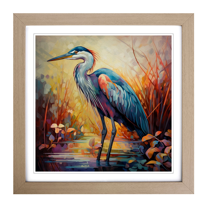 Heron Color Field Painting No.1 - Single Picture Frame Print on Wood, Oak