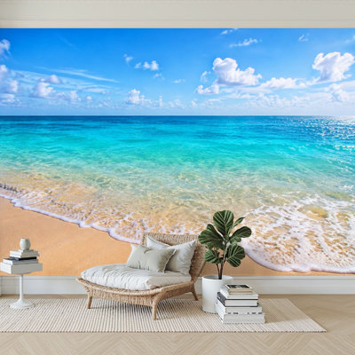 Papier peint adhésif autocollant Serene Ocean Beach White Waves Blue Sky papier autocollant amovible pour décoration de salon Chambre à coucher H 100 po x l 144 po