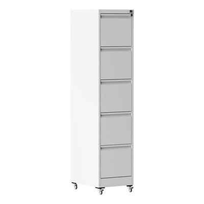 Vertical File Cabinet With 5 Drawers, Wheels For Mobility, Metal Storage A4/Letter/Legal Size Folders, White, 17.71"D*15.49"W*62.26"H, Secure Locking, All - Steel Construction Documents, Lock, Build