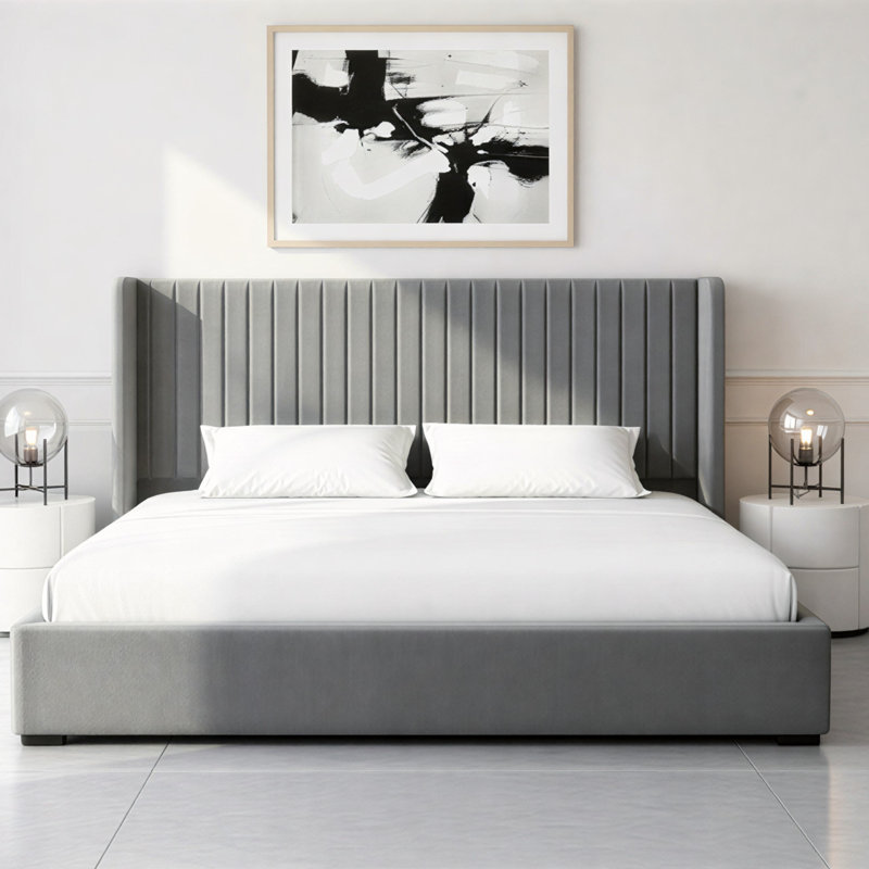 Premium Plush Bed Frame – Elegant Padded Bed with 48” Statement Headboard, Solid Wooden Bed – Contemporary Designer Finish