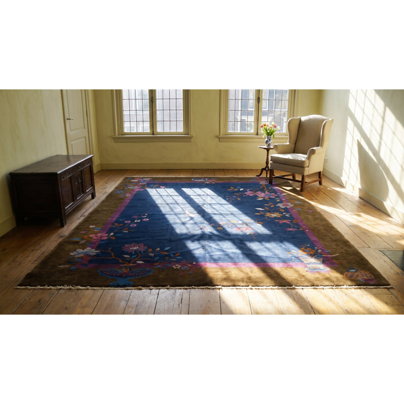 Hand Knotted Pile Antique Blue 1920s Wool Rectangle Rug