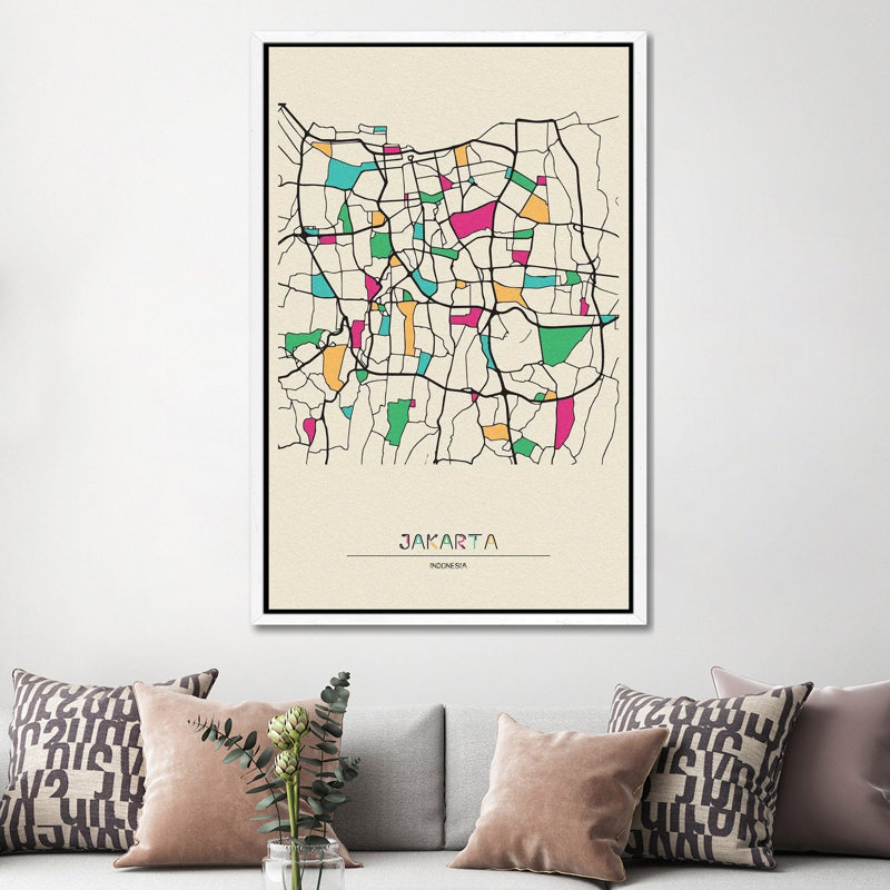 Jakarta, Indonesia Map by Ayse Deniz Akerman - Floater Frame Gallery-Wrapped Canvas Giclée on Canvas