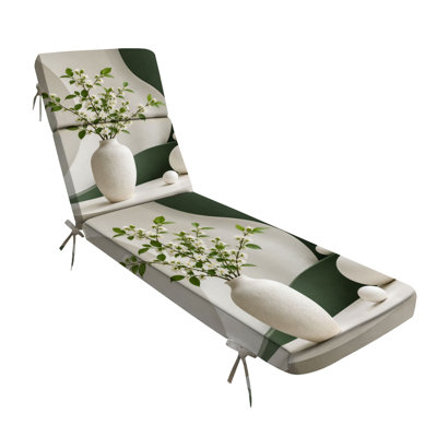 Coussin de chaise longue minimaliste blanc, motif vase et branches de cerisier vertes incurvées, 7,6 cm d'épaisseur, résistant aux intempéries, pour mobilier de patio, chaise longue, chaise longue ou fauteuil inclinable. Parfait pour la piscine, la terrasse, le jardin ou le porche. Dimensions : 184 cm (L) x 53 cm (l) x 7,6 cm (P).