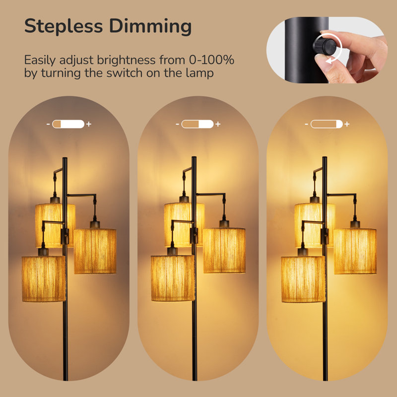 65" Rattan Tree Floor Lamp With Dimmer Switch And 3 Bulbs
