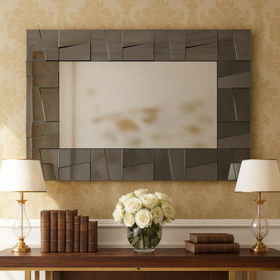 Très grand miroir en verre gris de 4 pi, conception de bloc moderne, orientation verticale horizontale facile à installer