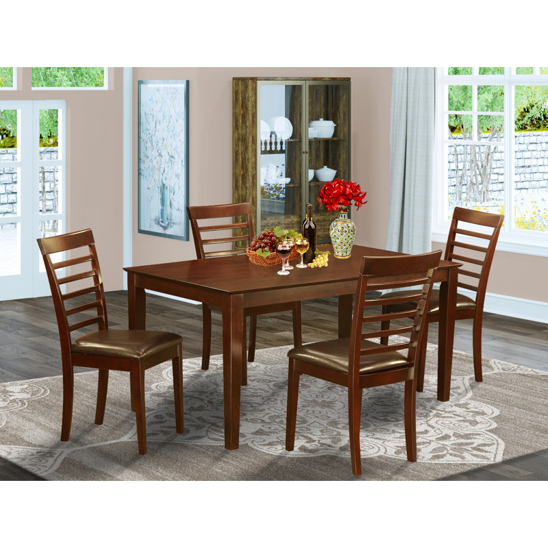 5 Piece Dining Set Includes a Rectangle Dinner Table and 4 Faux Leather Kitchen Dining Chairs, 36x60 Inch, Mahogany