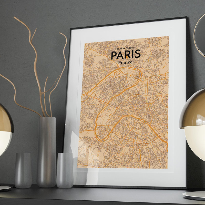 Carte de Paris, impression nautique, H 36 po x l 24 po x P 0,05 po, Orange / or pâle