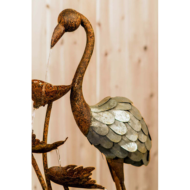 Rustic Metal Flamingo Garden Fountain with Leaves