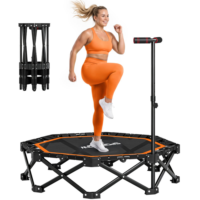 42" Foldable Mini Trampoline, One-Step Fold & Open, 550LBS Capacity, 3-Level Adjustable Handle, Bungee Rebounder Fitness Trampoline, Orange