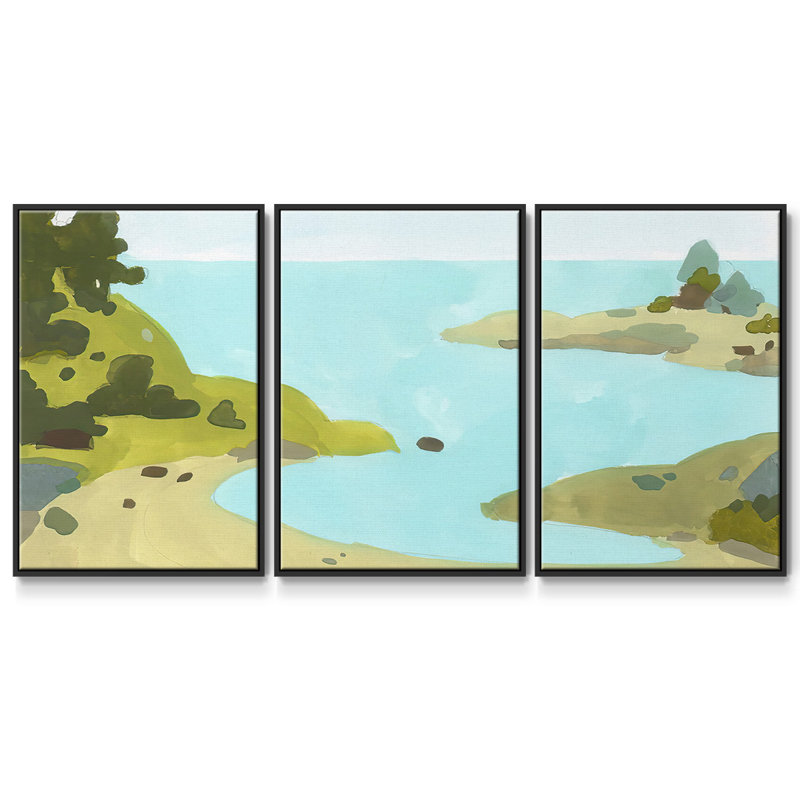 «Coastal Inlet IV», peinture sur toile 3 pièces, H 40 po x l 78 po, Cadre noir