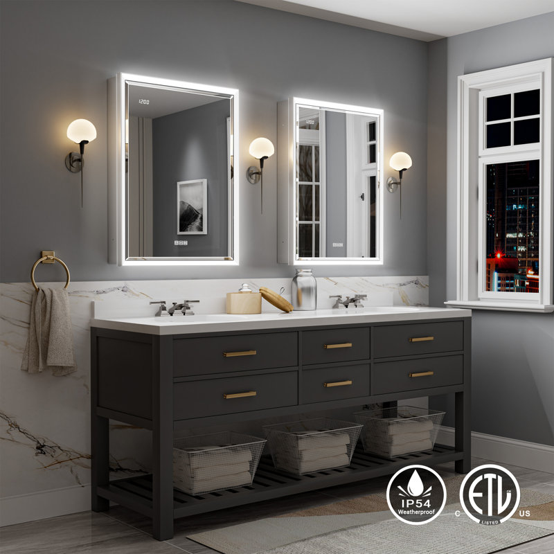 24X32" Beveled LED Medicine Cabinet With Anti-Fog Mirror – Surface/Recessed Mount, Dimmable Lights, Outlet, Clock & Sensor Light