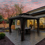 12 Ft. W x 10 Ft. D Double Roof Hardtop Aluminum Patio Gazebo with Netting and Curtains