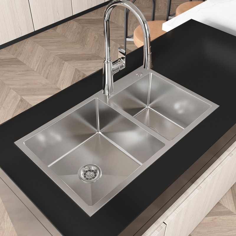32"X19"X10" Double Basin Sink, S304 Stainless Steel, Water- Satin, Easy To Mount Sink For Kitchen, Steel Surface, Effortless Installation Method