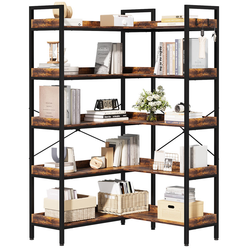 5-Tier L-Shaped Reversible Corner Bookshelf, 65" Rustic Brown Industrial Wood & Metal Bookcase, Wide Open Shelves + 4 Hooks for Living Room/Bedroom/Home Office