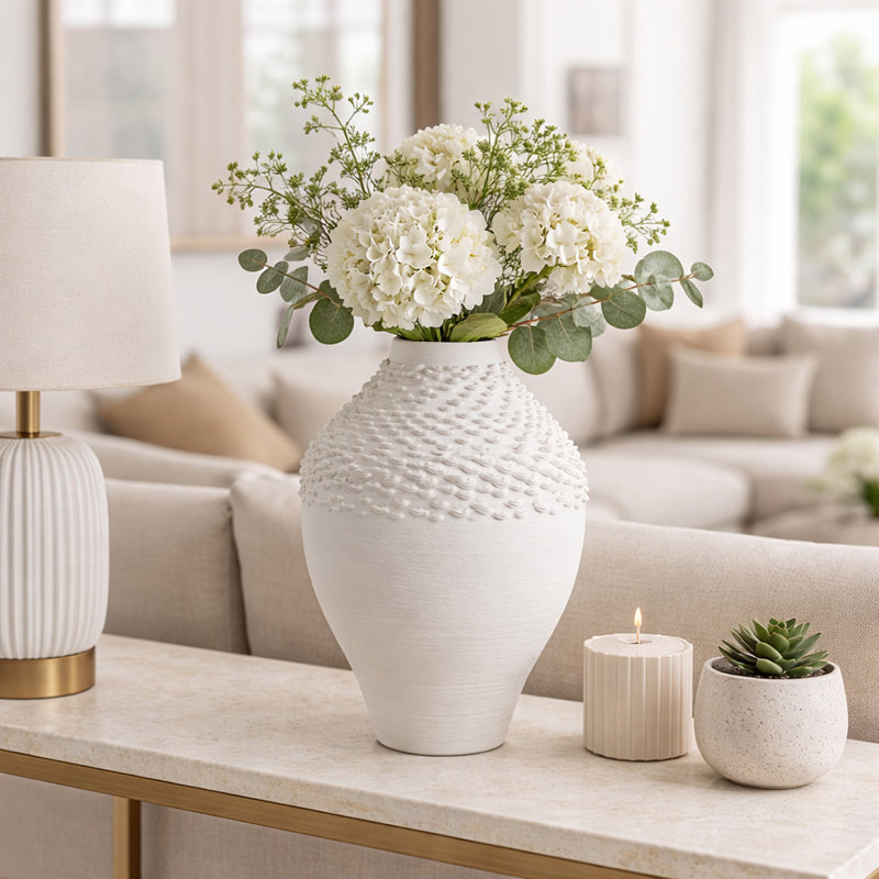 Modern Ceramic and Porcelain Vase with Textured Design, Glam Decorative Accent for Contemporary Decor, 13" H x 11" W x 11" D