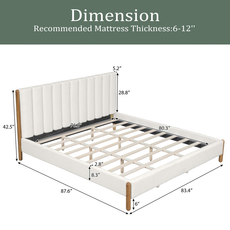 Bed Frame With Boucle Upholstered Thick Headboard, King