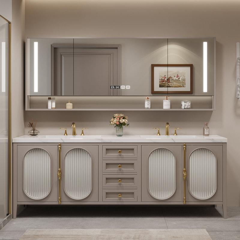 Armoire de salle de bain à double vasque de style américain, Beige