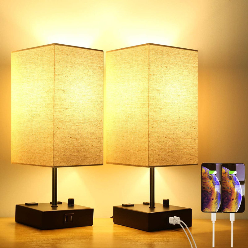 Ensemble de 2 lampes de table de chevet USB entièrement réglables et à intensité variable avec 2 ports de charge USB et 2 prises de courant alternatif