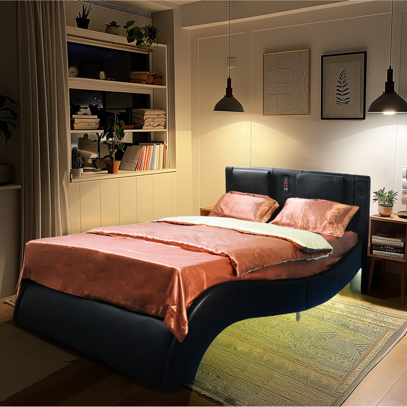 Très grand lit en similicuir avec contrôle de la musique et massage réglable, Noir, Très grand lit