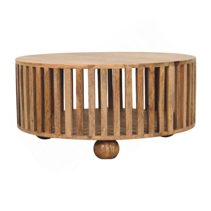 Table basse ronde à lattes de bois, chêne clair, brun clair