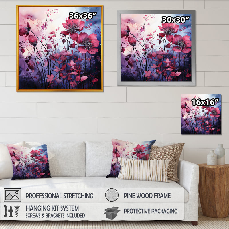 «Pink Twilight Poppies Glowing Meadow II», art mural coquelicots, H 30 po x l 30 po x P 1,5 po, Cadre flottant blanc